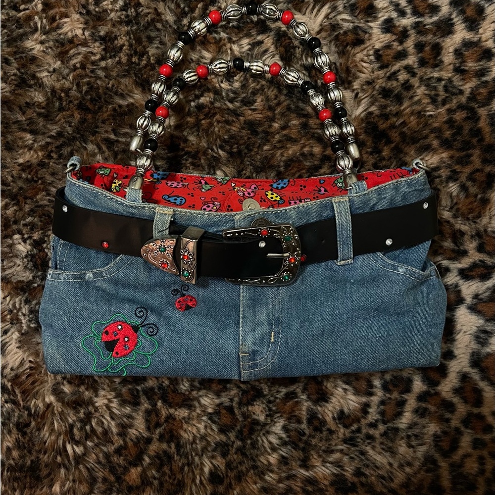 Ladybug Embroidered Denim Handbag with Beaded Handles